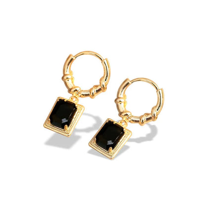 French Court Retro Black Zircon Earrings with quadrilateral geometric shape and copper construction