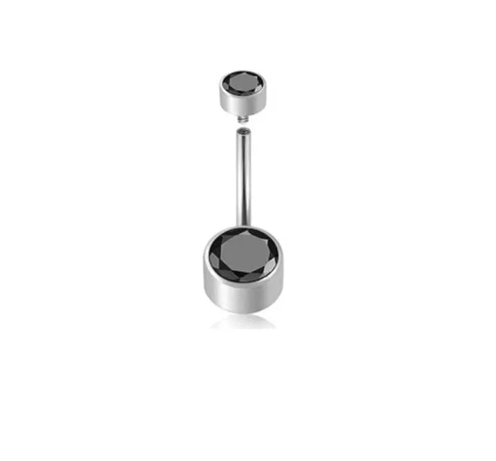 Titanium alloy double-headed navel stud with zircon stones in various colours and lengths.