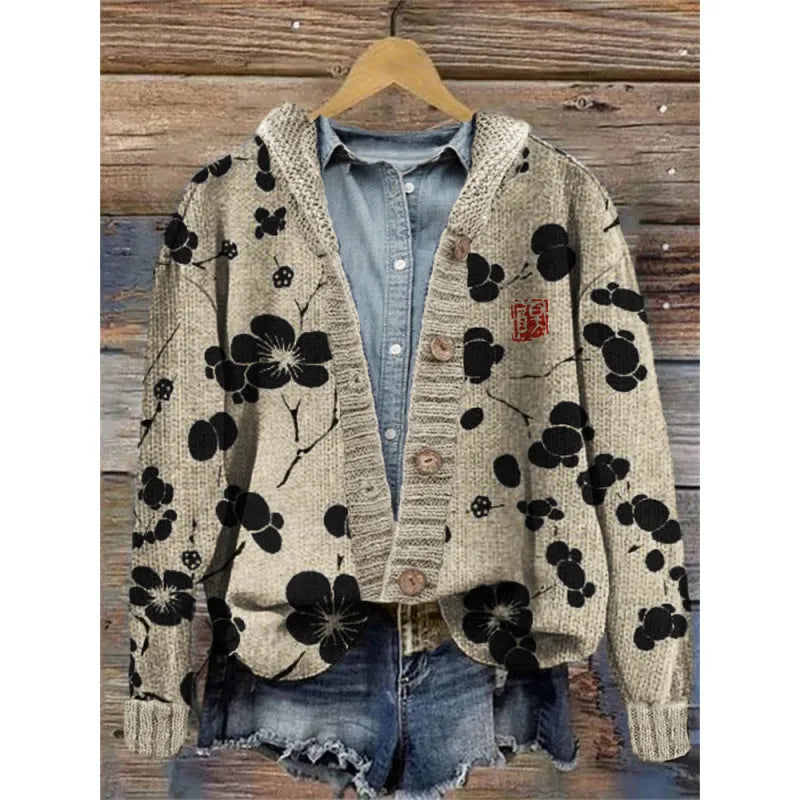 Women's long sleeve cardigan coat with a colourful digital print pattern, open front design