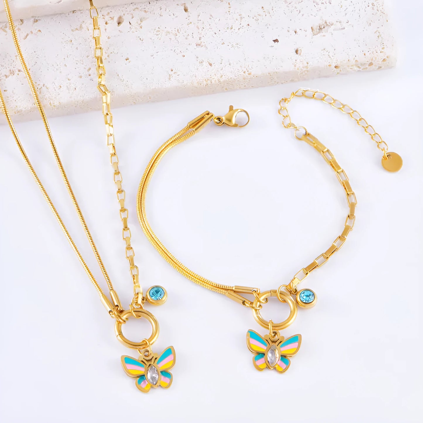 Gold titanium steel jewellery set with colourful epoxy butterfly pendant necklace and matching bracelet