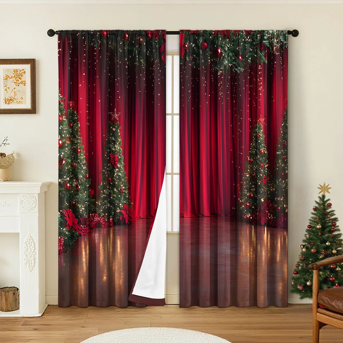 Pair of 3D digitally printed Christmas pattern curtains hung on a window.