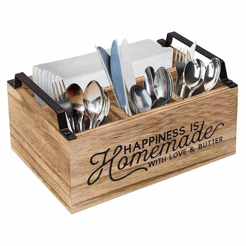 Wooden kitchen organiser box with internal grid for sorting cutlery and utensils