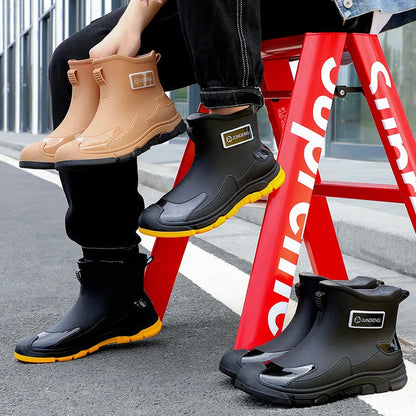 Women's short tube PVC waterproof boots in black with a round toe and flat plastic sole.