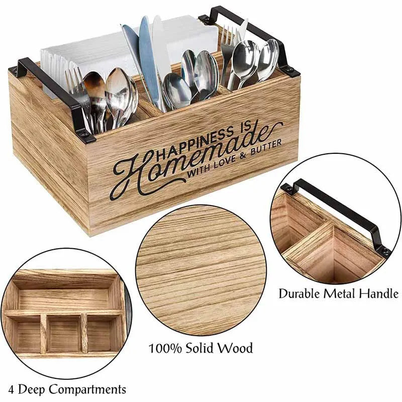 Wooden Kitchen Tableware Storage Box with Grid Dividers: Modern Organiser Measuring 23x16.8x10cm for Utensils and Cutlery