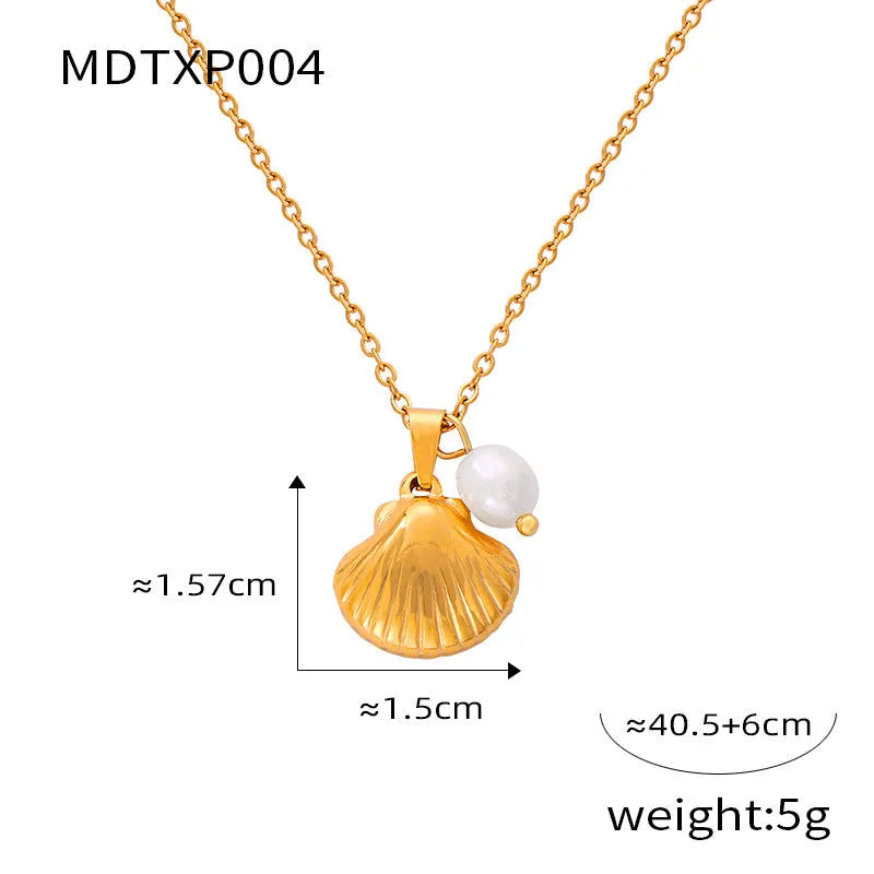 French vintage shell jeweled pendant necklace with titanium steel chain and freshwater pearl bead for women