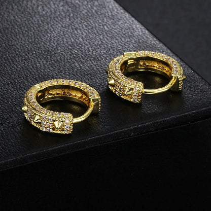 Unisex geometric hip hop earrings with full diamond detail on copper, in white gold stone finish