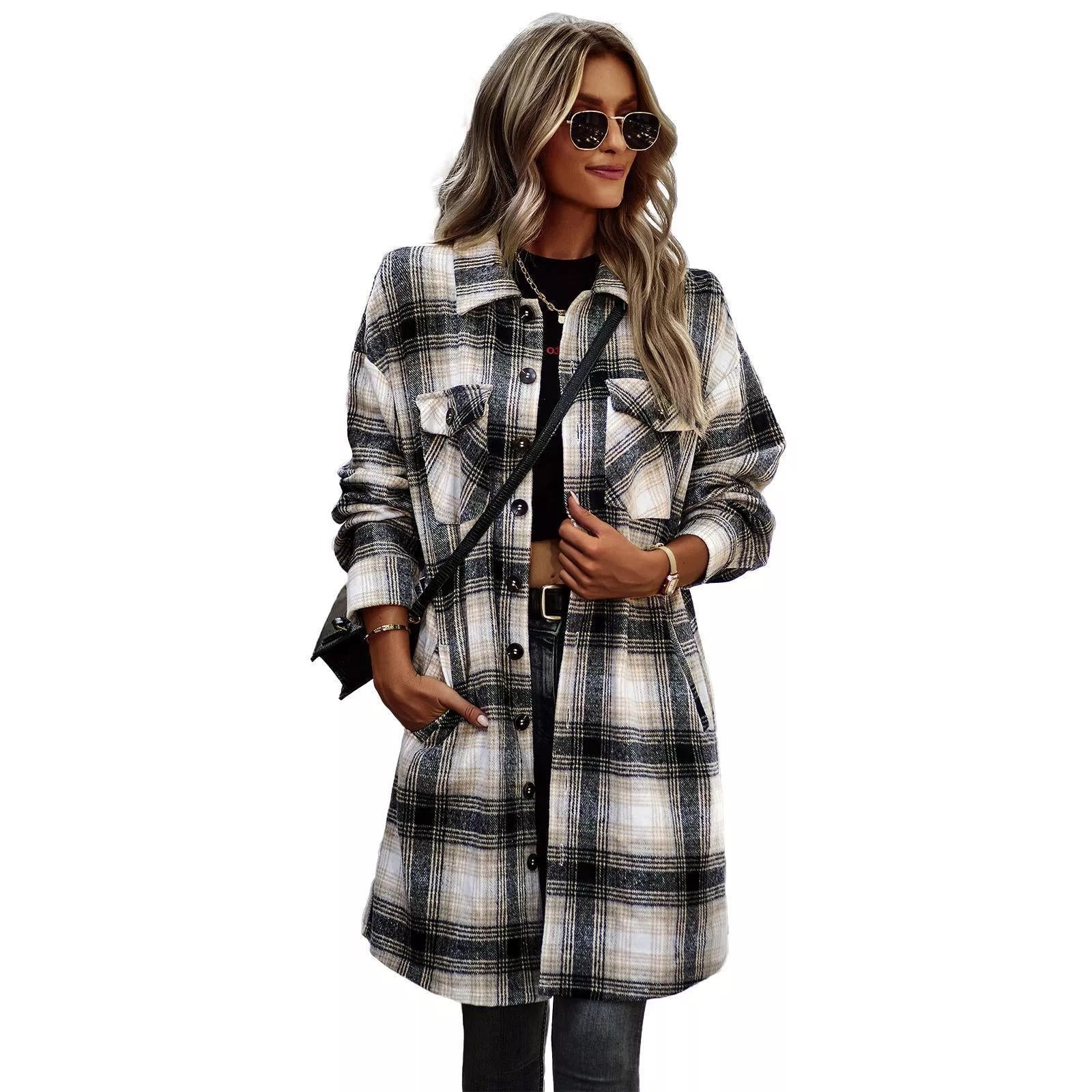 Long plaid woolen cardigan coat for women in pink, blue, green, and black