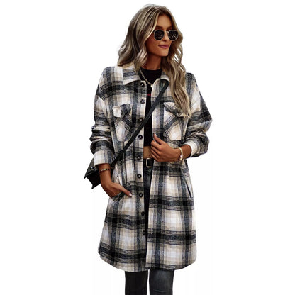 Long plaid woolen cardigan coat for women in pink, blue, green, and black