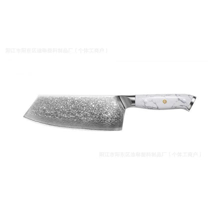 Damascus pattern VG10 steel chef's knife with a 21cm blade and simple handle on a wooden cutting board.