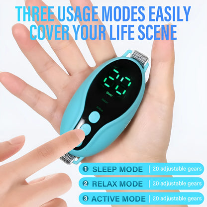 Compact blue sleep aid device showing USB port and control buttons with dimensions 80×40×20mm