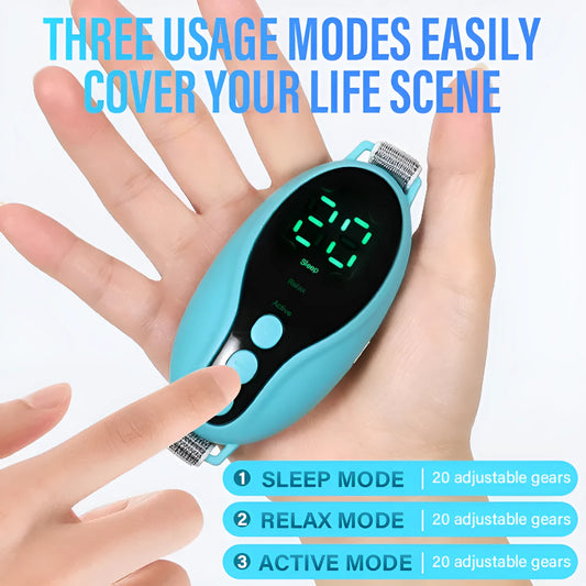 Compact blue sleep aid device showing USB port and control buttons with dimensions 80×40×20mm