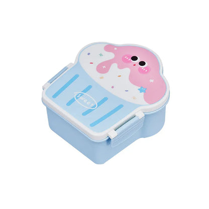 Pink and blue ice cream shaped plastic lunch boxes with compartments, includes spoon and fork