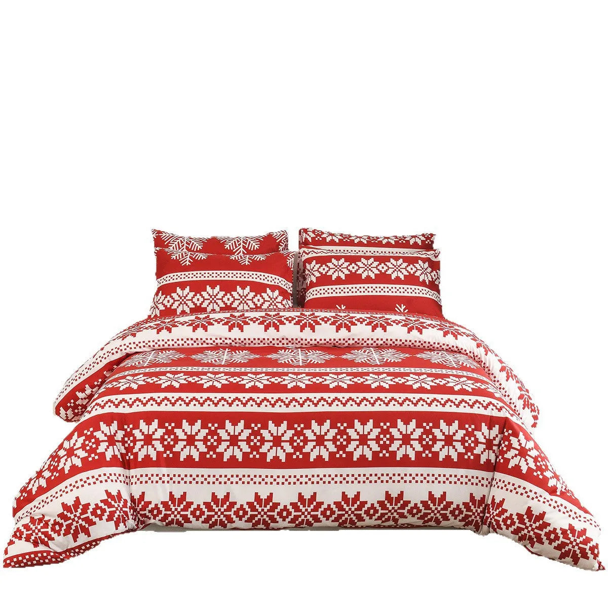 Red Winter Sleepers patterned three-piece bed set with quilt cover and pillowcases on a bed.