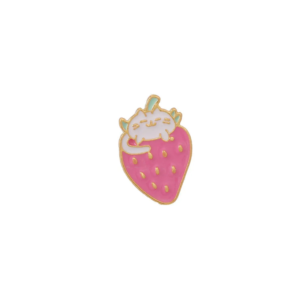 Close-up of a cute cat strawberry and dripping cake oil design metal alloy brooch pin.