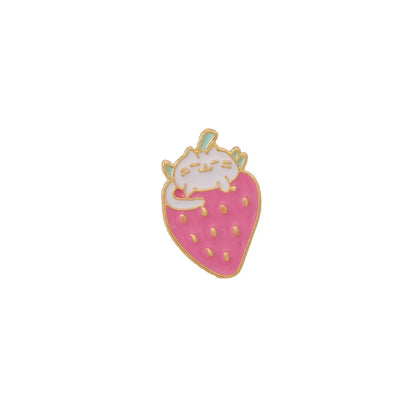 Close-up of a cute cat strawberry and dripping cake oil design metal alloy brooch pin.