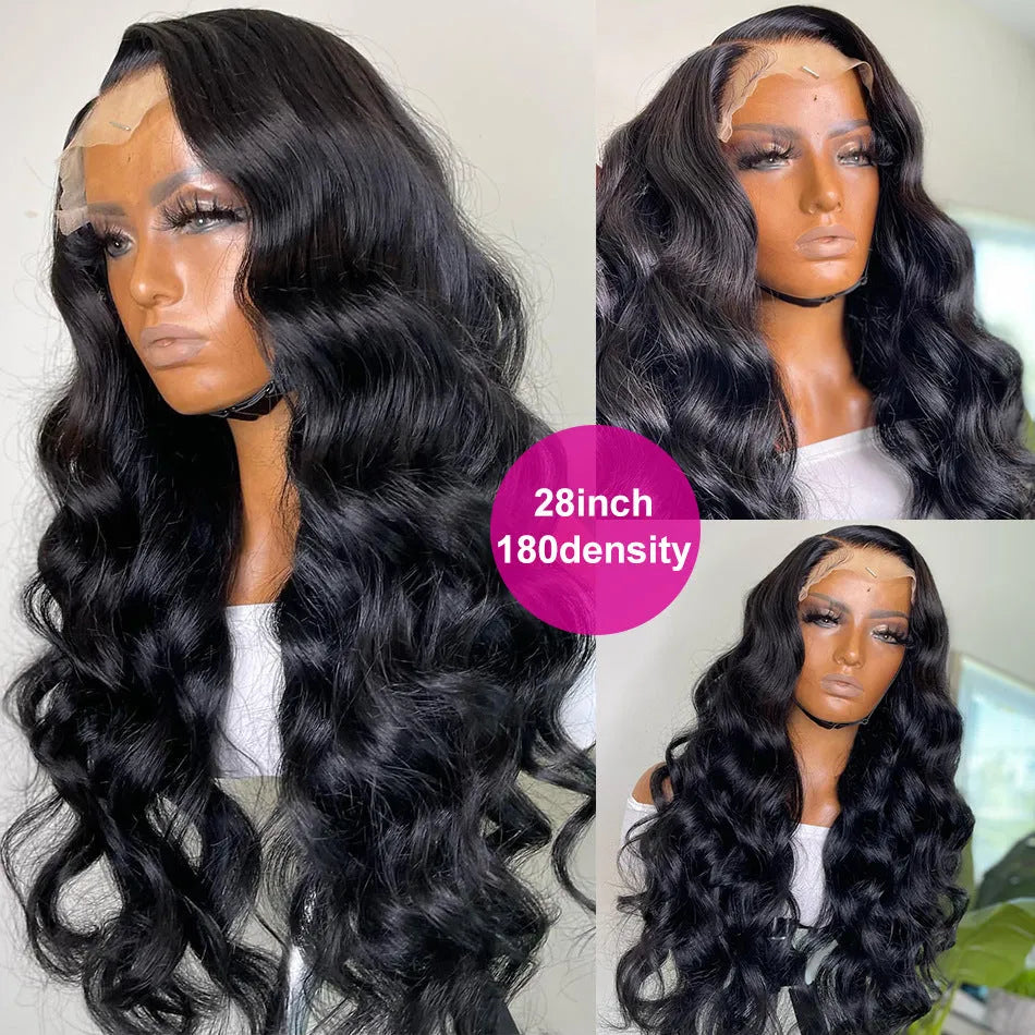 Black synthetic front lace wig with long curly hair and side bangs, showing natural hairline and 180 density volume