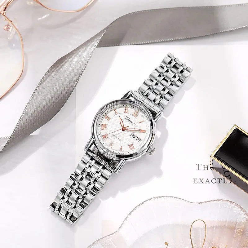 Women's automatic mechanical watch with 12mm thickness showing steel belt and leather strap options in various colours