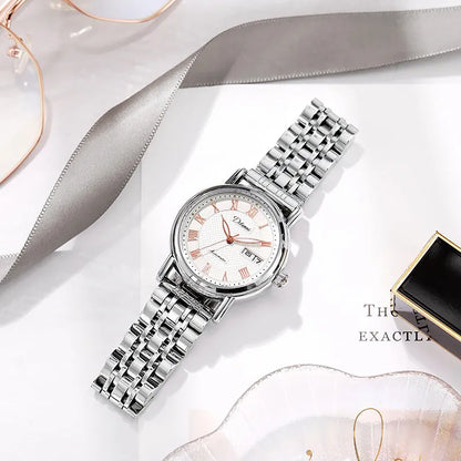 Women's automatic mechanical watch with 12mm thickness showing steel belt and leather strap options in various colours