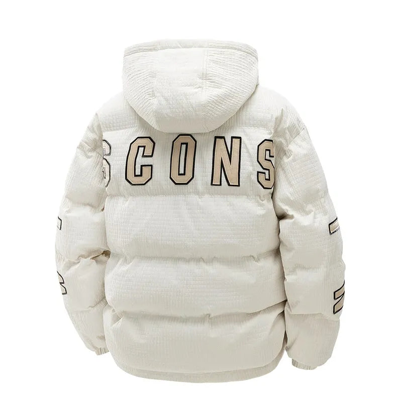 Men's Cotton-padded Coat Hooded Letter-print Winter Leisure Warm Top - Korean Style Cardigan with Side Seam Pockets in Black or Khaki Sizes M to 5XL