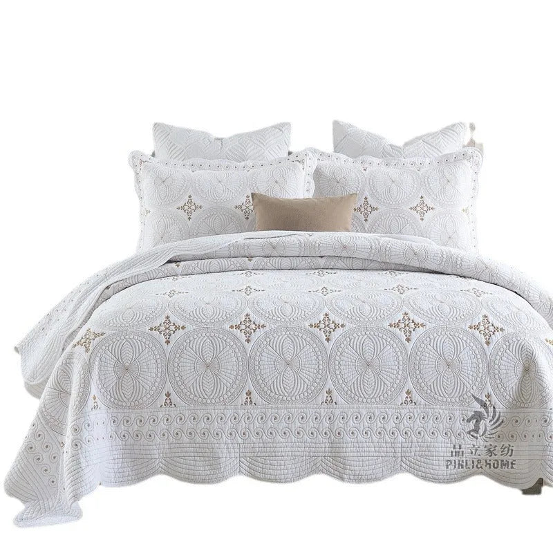 European-style cotton embroidery bed cover with double-thick construction and decorative detailing