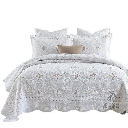 European-style cotton embroidery bed cover with double-thick construction and decorative detailing