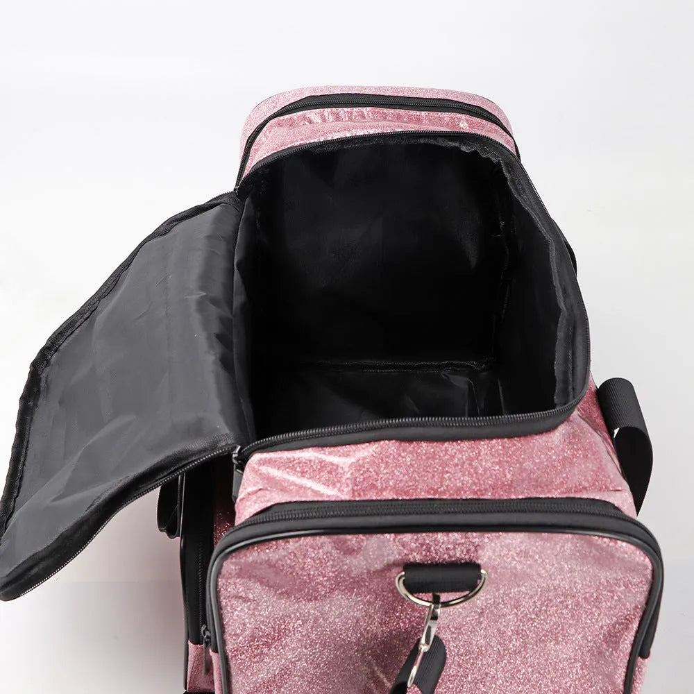 Large silver PU leather sports handbag with letter detailing, showing internal compartments.