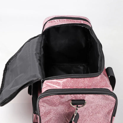 Large silver PU leather sports handbag with letter detailing, showing internal compartments.