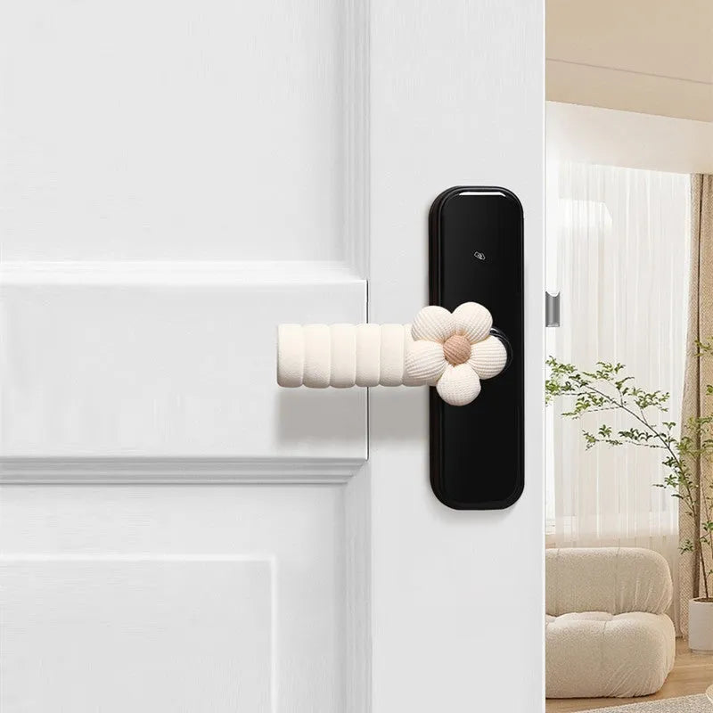 Flower door handle protective casing in beige colour with floral pattern, soft PEVA material, round shape for anti-collision