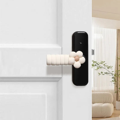 Flower door handle protective casing in beige colour with floral pattern, soft PEVA material, round shape for anti-collision