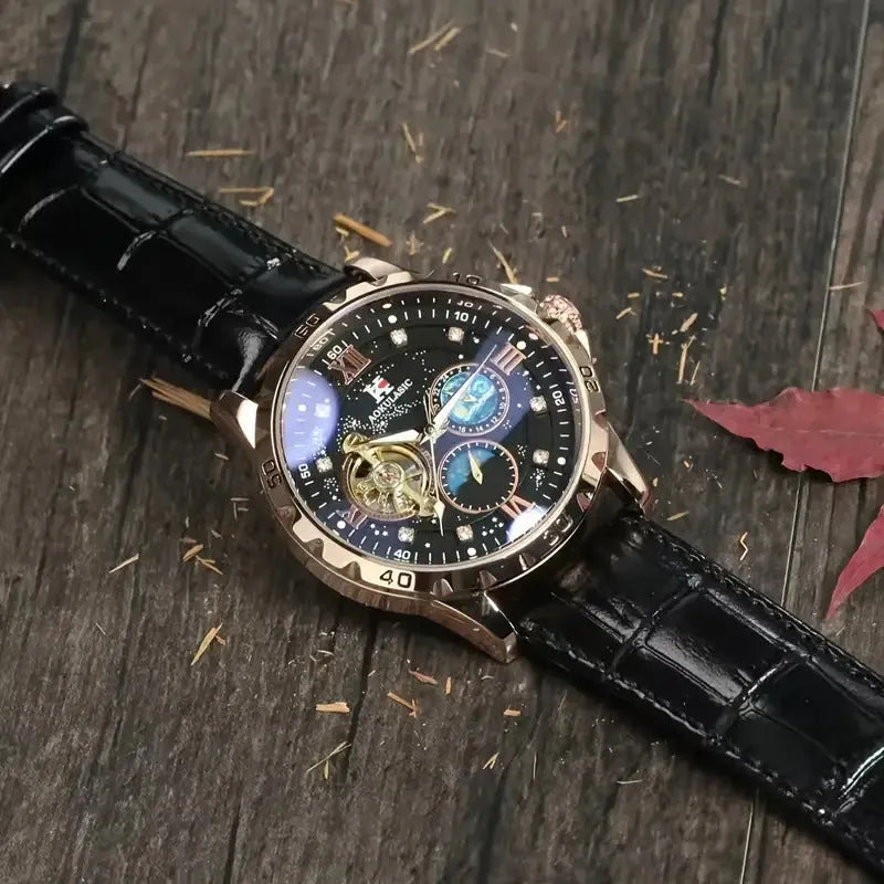 Black dial automatic watch with rose gold case, genuine leather strap, and visible mechanical movement through hollow design
