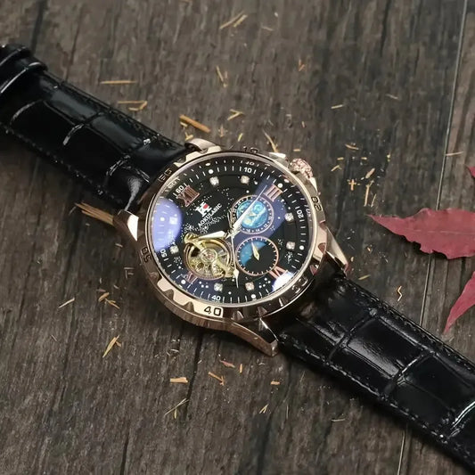 Black dial automatic watch with rose gold case, genuine leather strap, and visible mechanical movement through hollow design