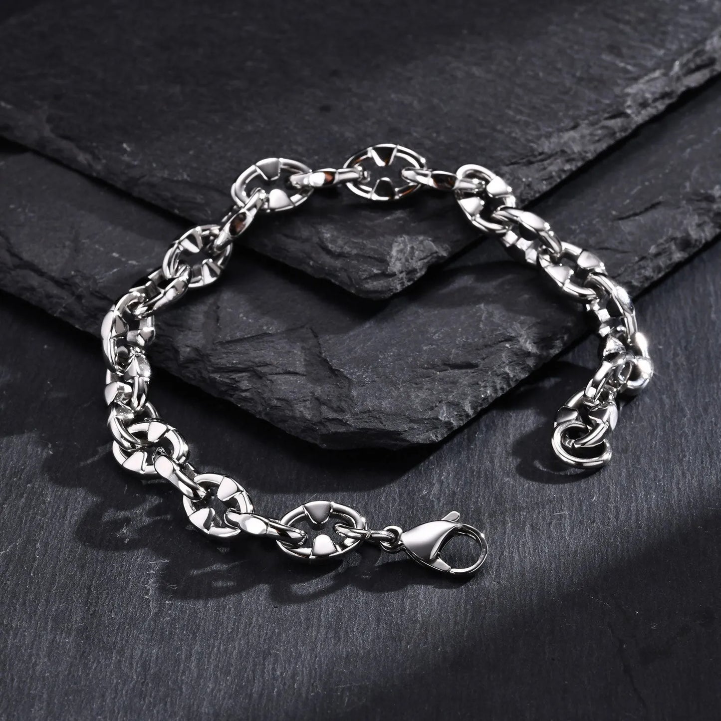 Steel colour stainless steel geometric chain bracelet with 8mm wide links and adjustable 20-24cm length