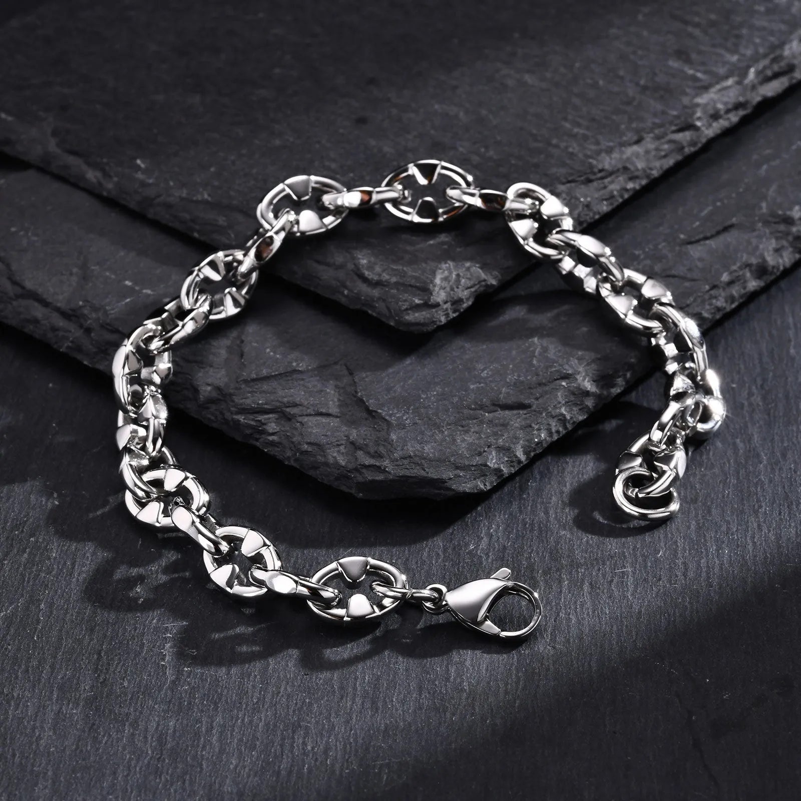 Steel colour stainless steel geometric chain bracelet with 8mm wide links and adjustable 20-24cm length