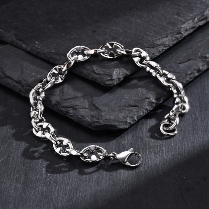 Steel colour stainless steel geometric chain bracelet with 8mm wide links and adjustable 20-24cm length