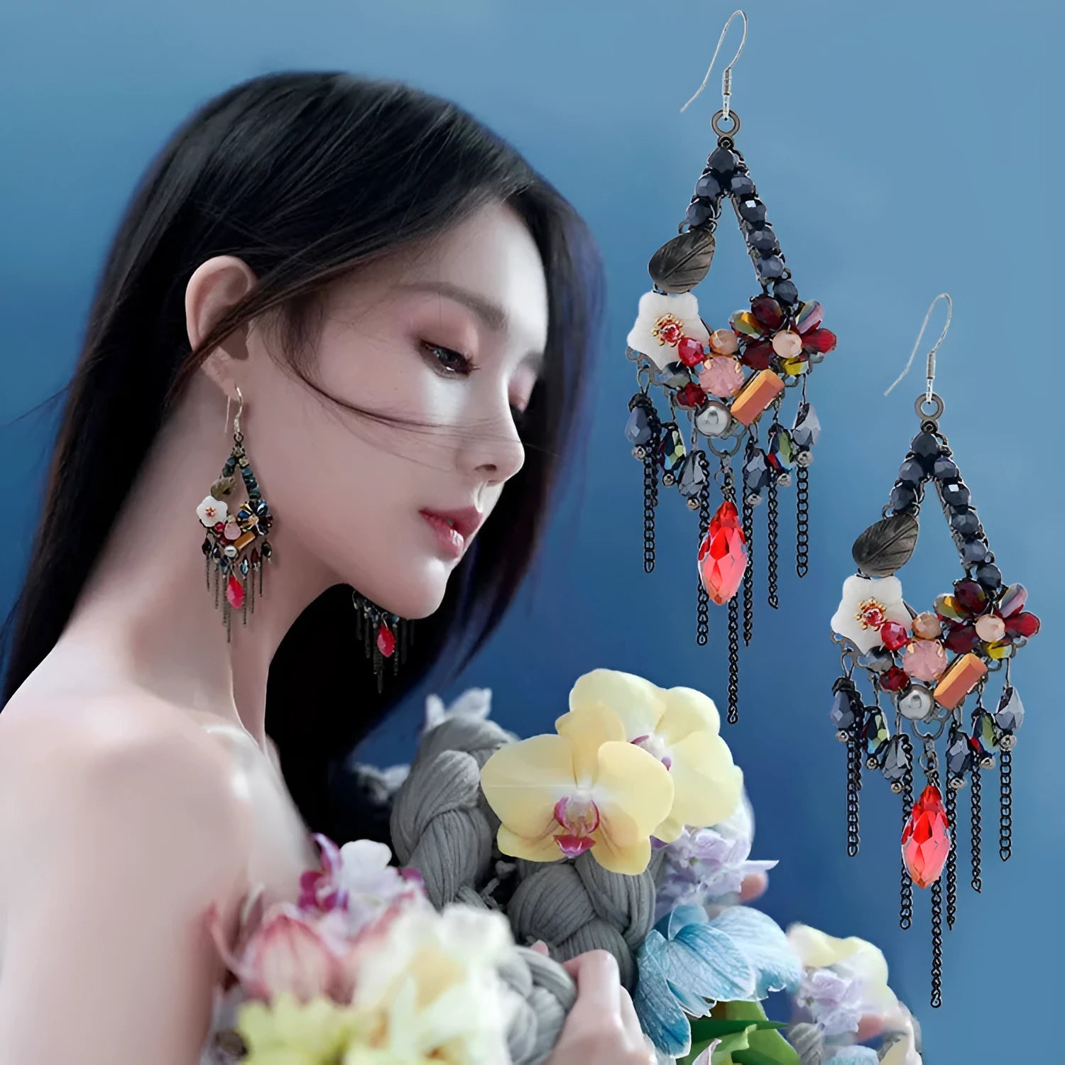 Hand-woven bohemian long earrings with artificial crystal detailing in red and black, champagne, or amethyst colours