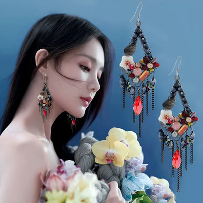Hand-woven bohemian long earrings with artificial crystal detailing in red and black, champagne, or amethyst colours