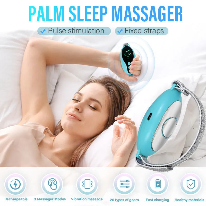 Compact blue sleep aid device showing USB port and control buttons with dimensions 80×40×20mm