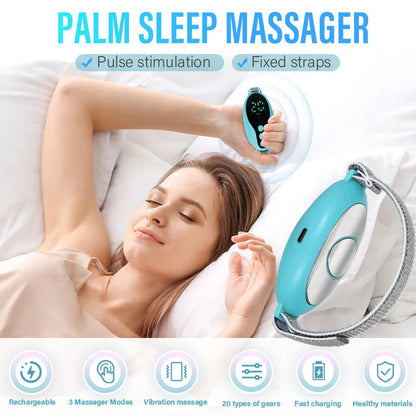 Compact blue sleep aid device showing USB port and control buttons with dimensions 80×40×20mm