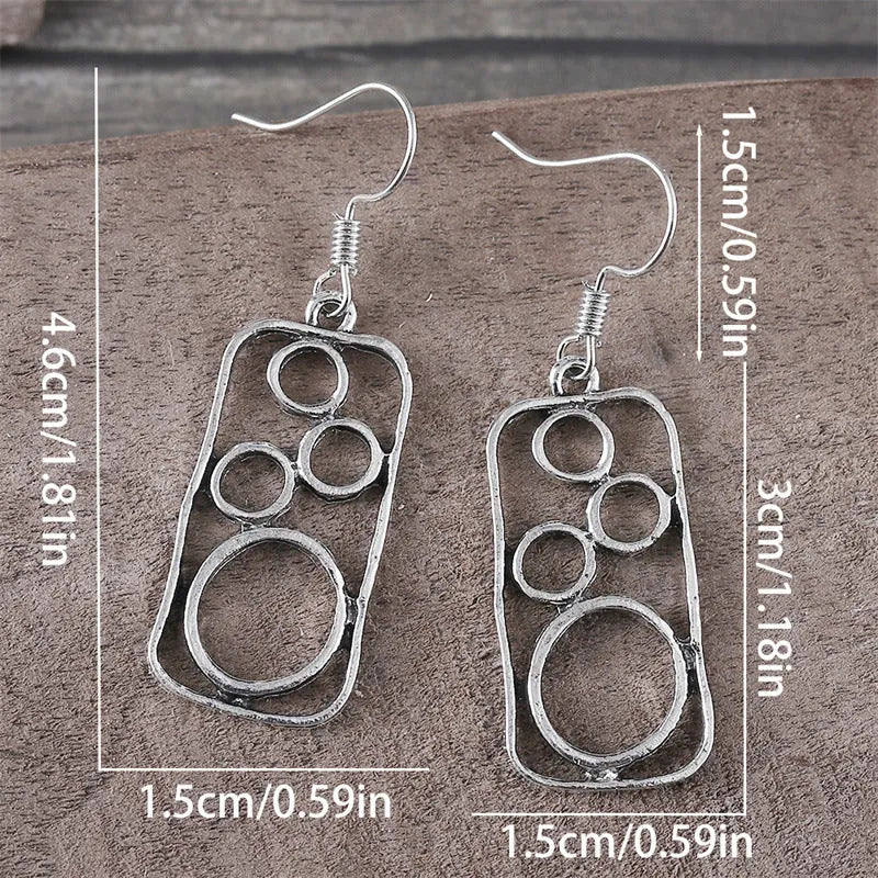 Antique silver zinc alloy round ring earrings with irregular geometric square design