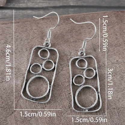 Antique silver zinc alloy round ring earrings with irregular geometric square design