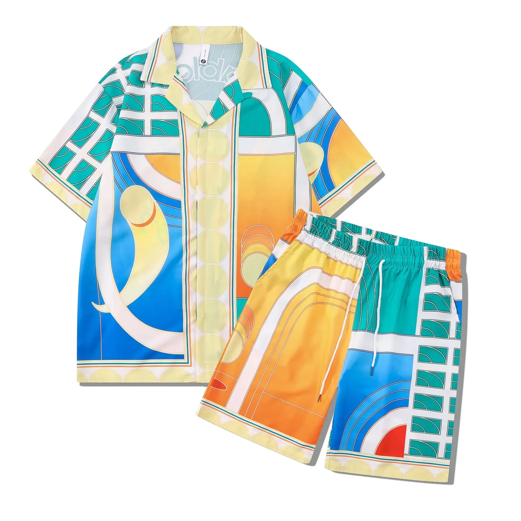Men's and women's plaid pattern beach shirt outfit with top and trousers on mannequin