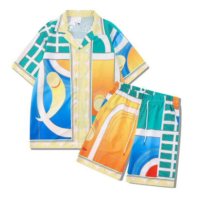 Men's and women's plaid pattern beach shirt outfit with top and trousers on mannequin