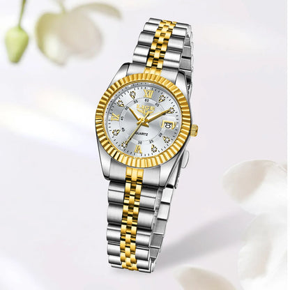 Waterproof leisure couple quartz watch in gold white colour with 10mm thickness on wrist