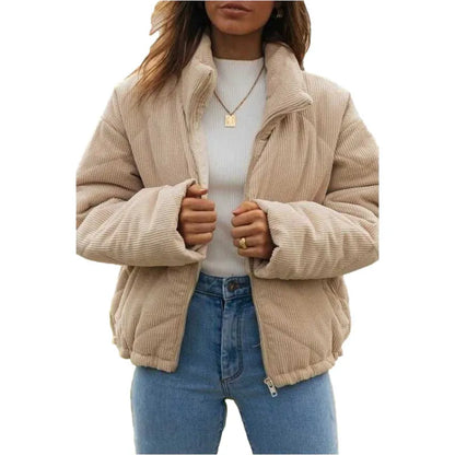 Apricot women's corduroy jacket with stand collar and front zip on a hanger