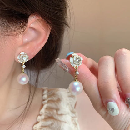 Camellia flower stud earrings with pearl centre for women
