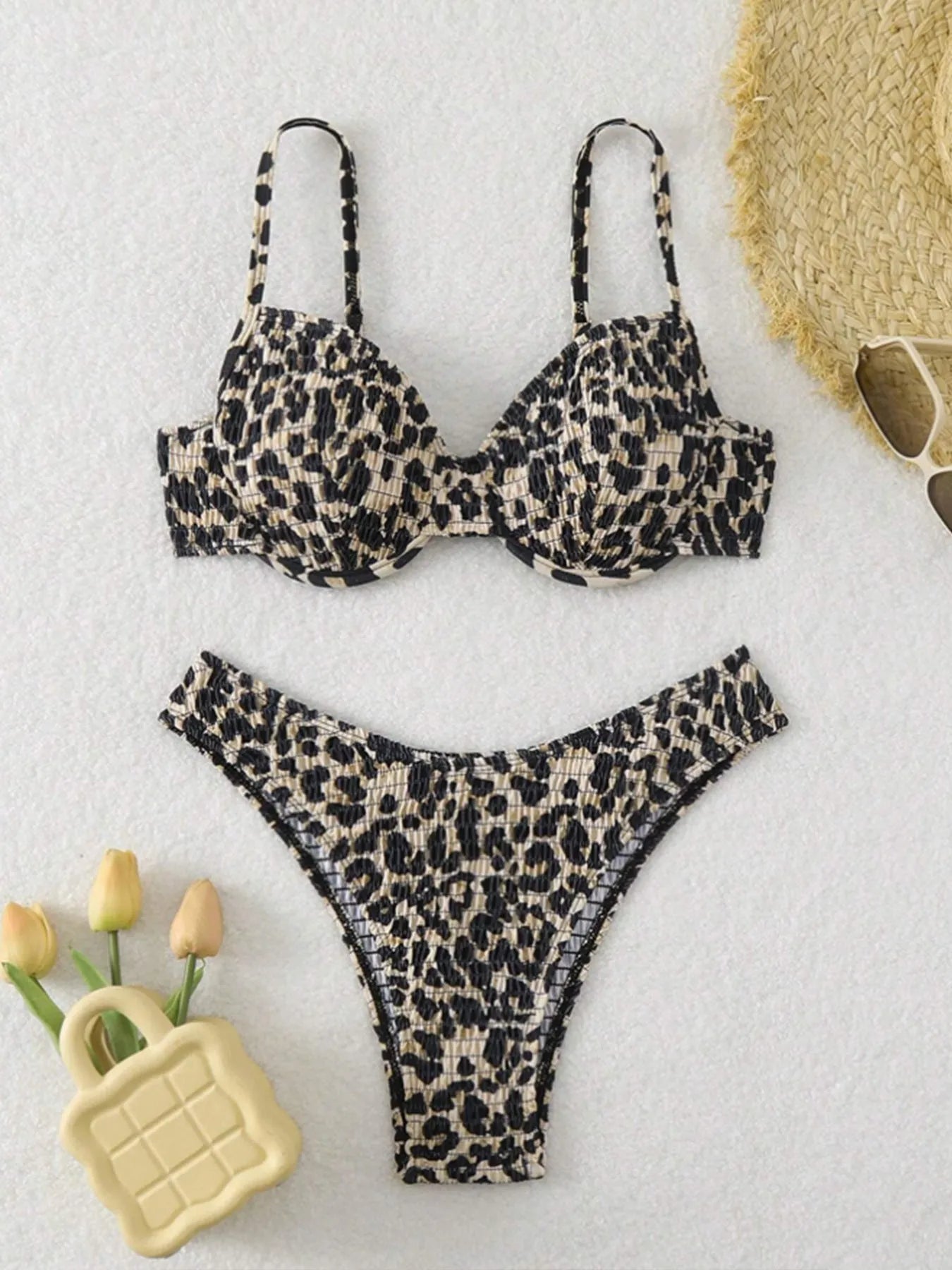 Women's leopard print bikini with backless briefs style in brown mixed colour