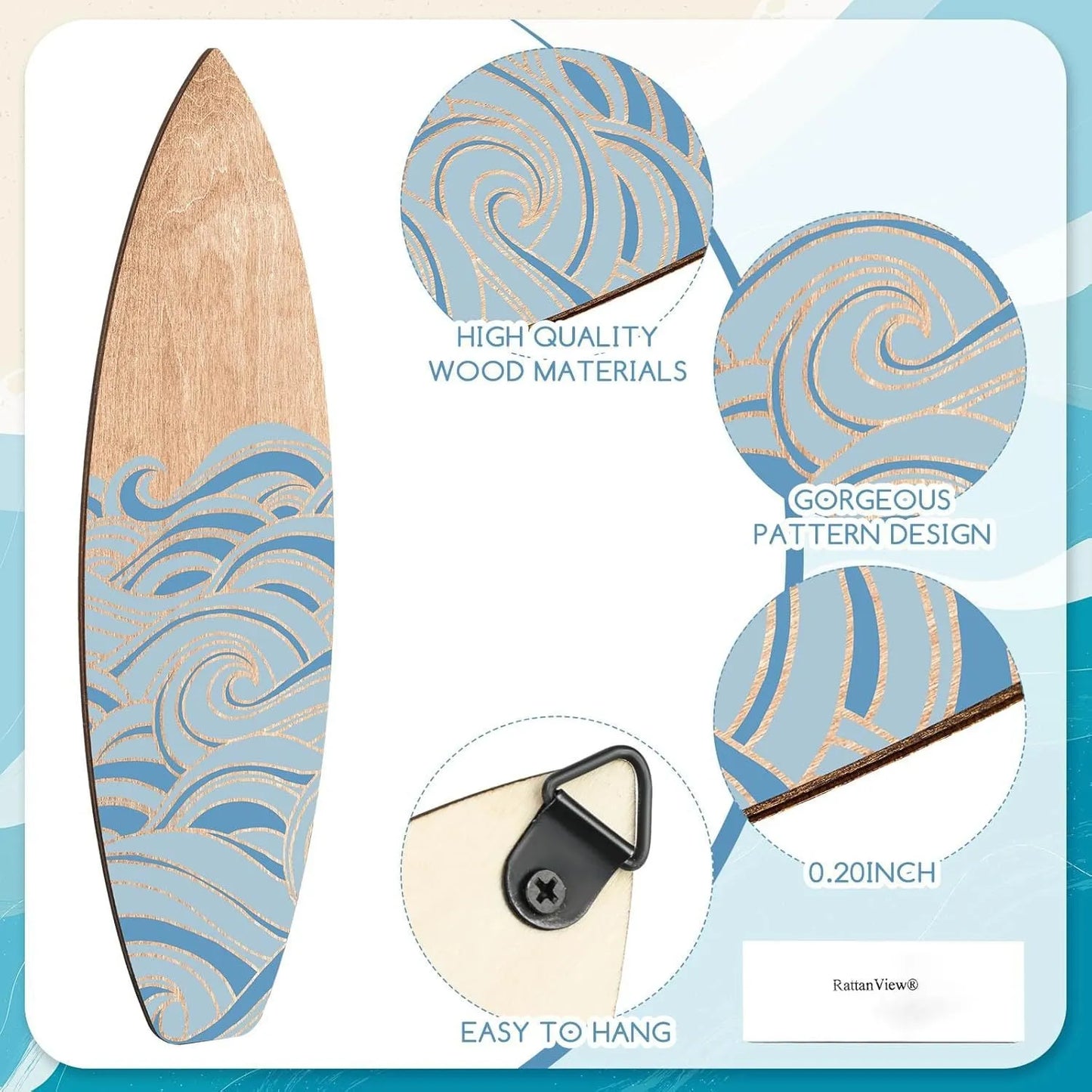 Three identical wooden surfboard wall decorations in European style design