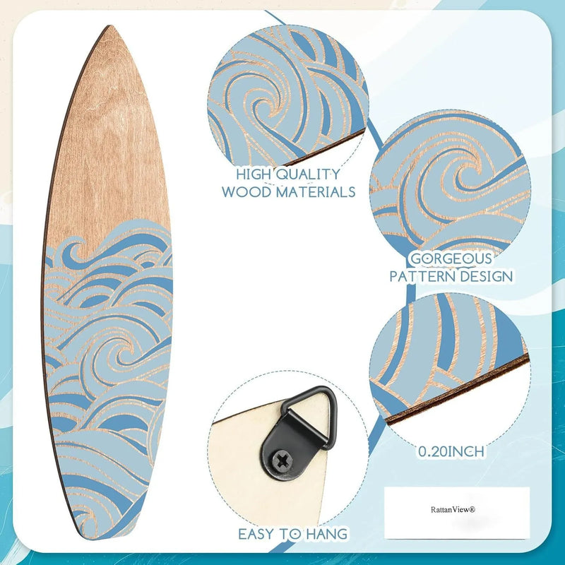 Wooden surfboard wall decoration set of 3 pieces made from boxwood with European style design measuring 8.5 by 30 for beach and bedroom wall art decor
