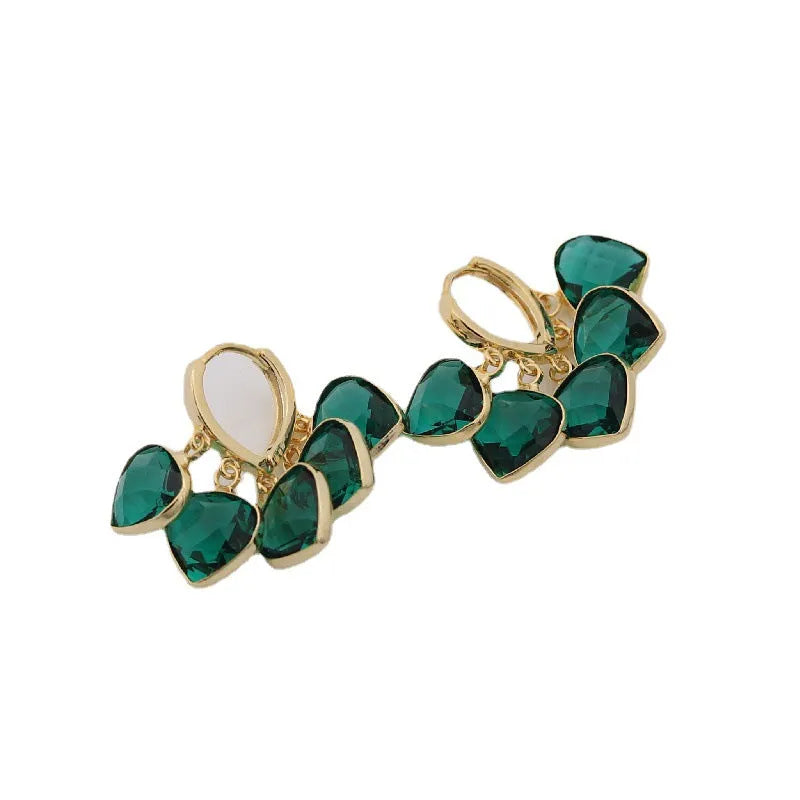 Korean style green heart pendant ear clip earrings with copper alloy and artificial gemstone