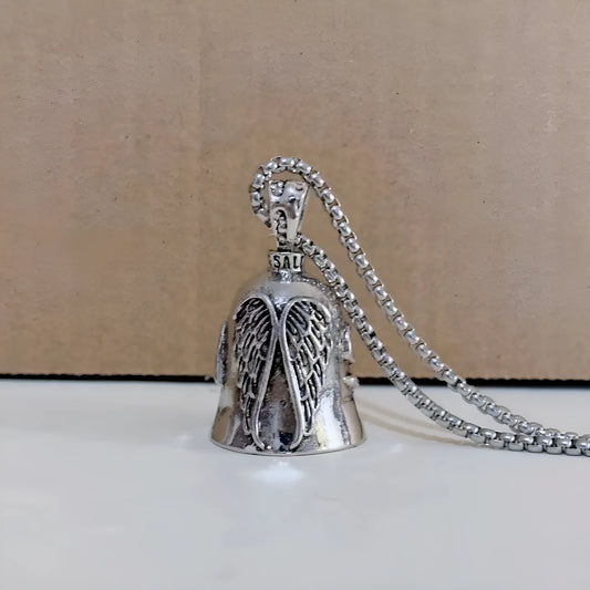 Vintage silver-tone angel wings feather keychain and necklace on a white background.